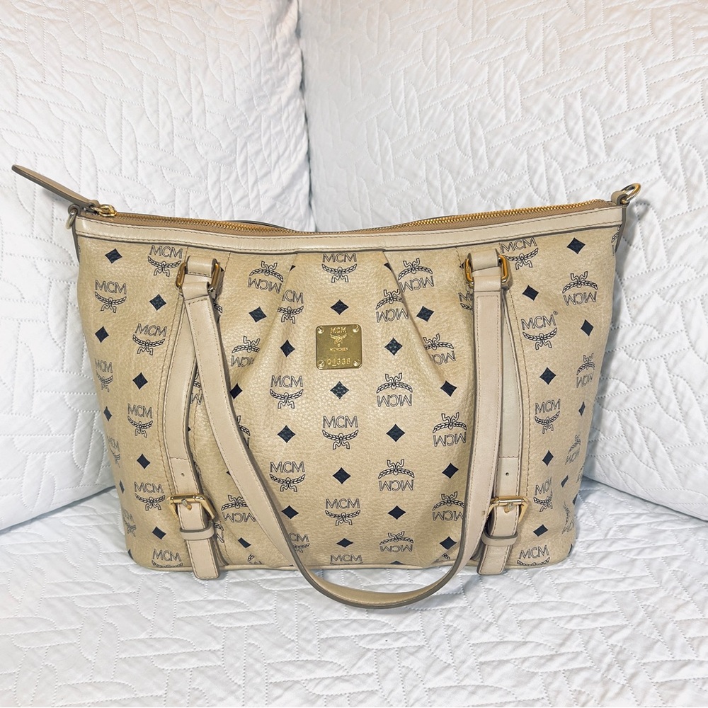 Authentic MCM Beige Leather Black Monogram Shoulder Bag Purse W/ Orig. Auth Card